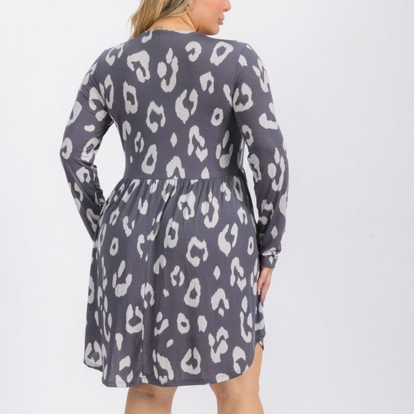 Boutique Animal Print Flare Dress Long Sleeve Pockets Above The Knee Gray - Picture 9 of 16